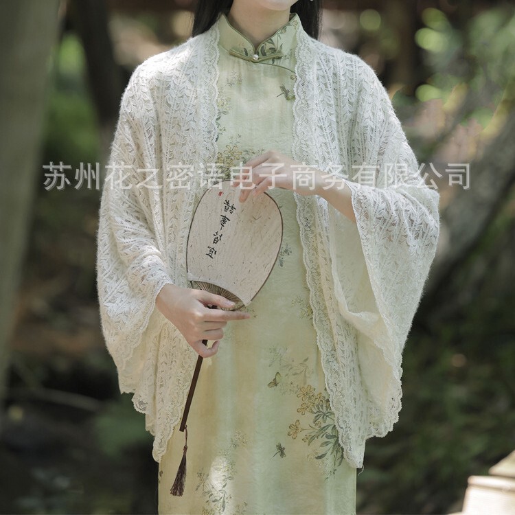 Spring and Autumn New Chinese Style Women's Cloak White Coat Lace Hollow Thin Summer Cardigan Outfit Air-conditioning Shirt Cheongsam Shawl