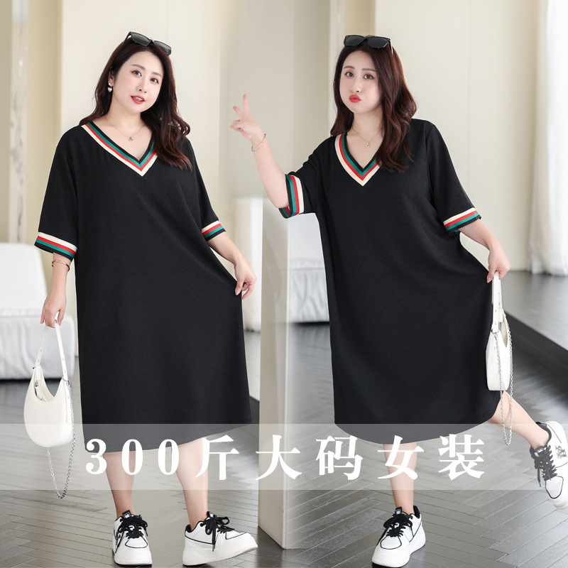 300 catties bust 150 fat mm large size women's clothing summer new product loose short sleeve mid-length casual style dress 9363