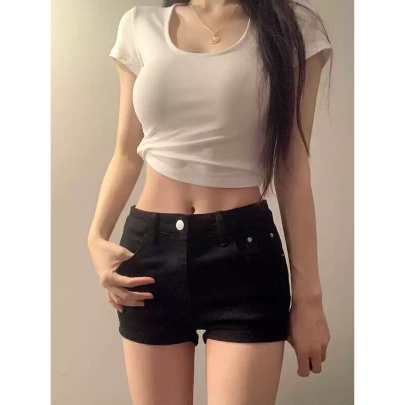 American Style Spice Girl Washed Black Low Waist Denim Shorts Women's Summer New Low Waist Elastic Hip Wrappa Short Hot Pants for Women