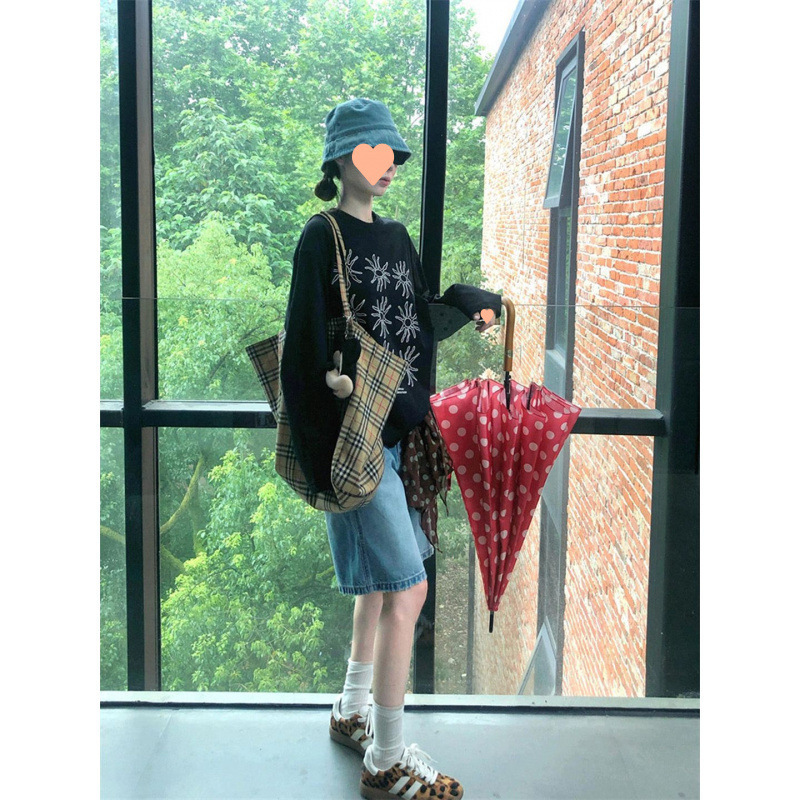 美式复古太阳花黑色长袖T恤女早秋季2025新款纯棉宽松慵懒风上衣|undefined