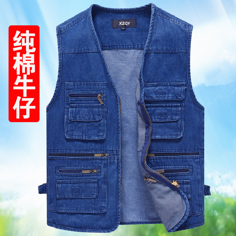 Men's cotton Denim vest multi-pocket waistcoat dad outdoor fishing photography vest plus 300kg