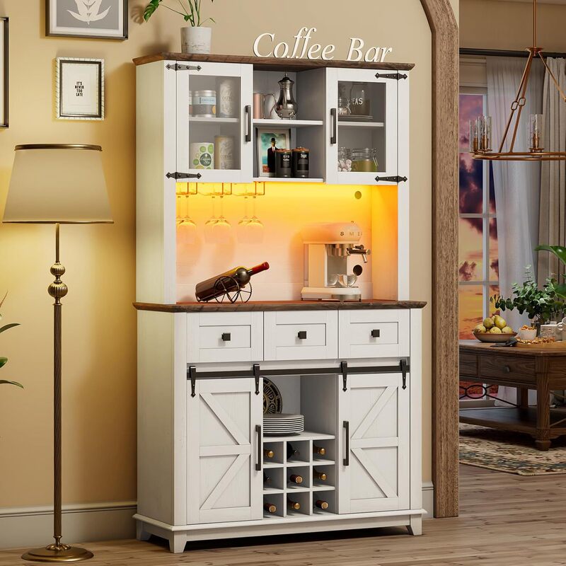 Coffee Bar Wine Cabinet Customized with Sliding Barn Doors Led Lights Side Panels Wine Bottle Rack Farmhouse Style Cabinet