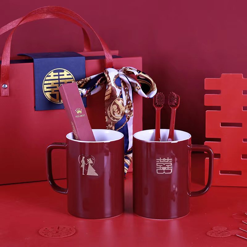 Taza de enjuague de boda, un par de tazas de cepillo de dientes de boda rojas, tazas de cepillo de dientes de boda, set de tazas de dientes de boda