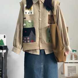 叠潮文艺复古背心新款套装穿感两件艺术衬衫一整套春秋针织马甲女