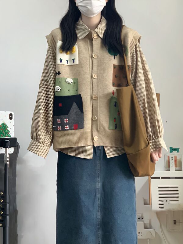 Trendy Retro Vest New Set Artistic Shirt Two-Piece Spring and Autumn Knitted Vest for Women