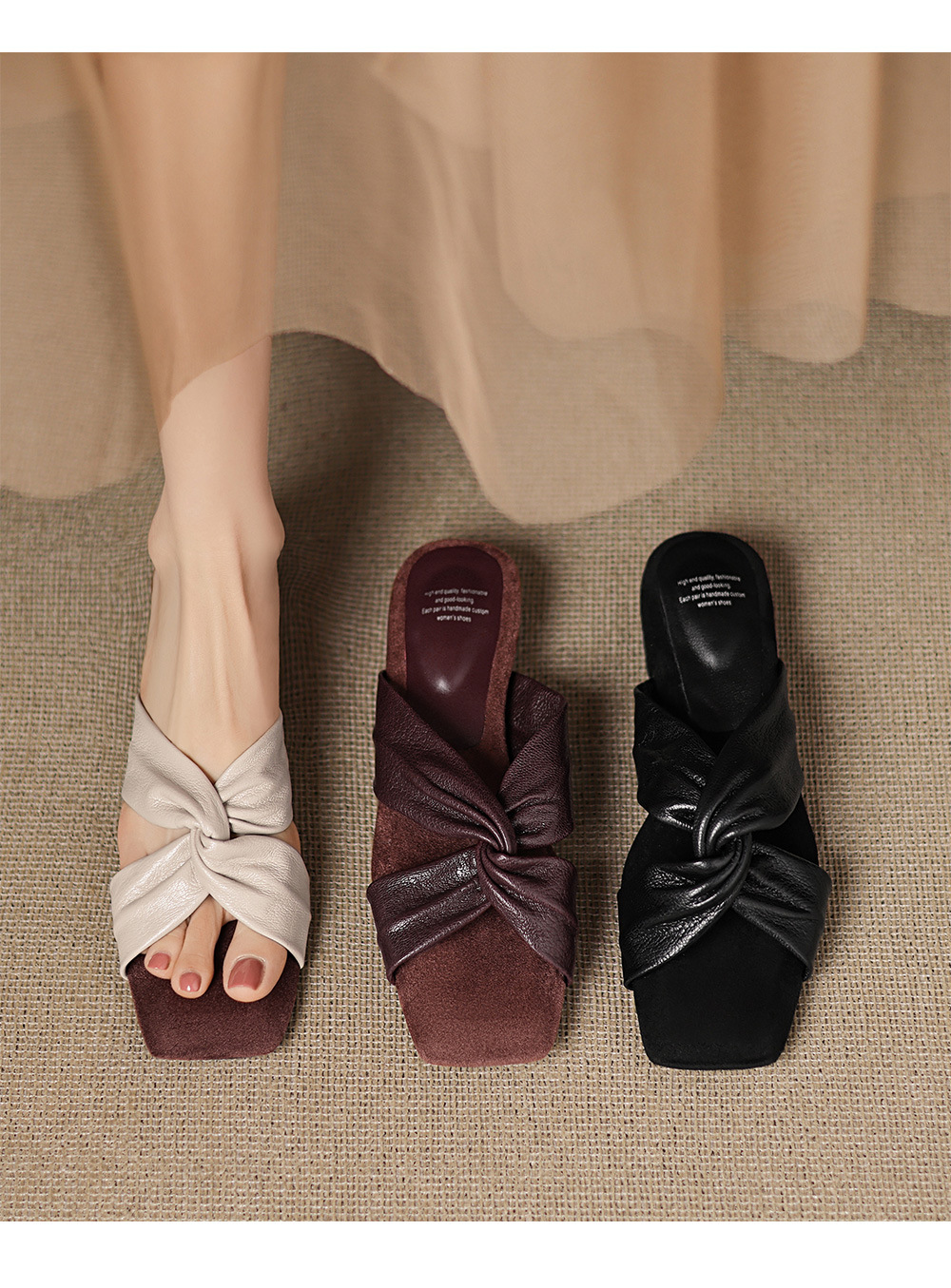 Dép sandal nữ quai chéo hở mũi chất liệu da cừu phong cách đơn giản — màu nâu chi tiết 2