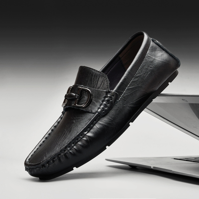 Genuine Leather Men's Shoes 2025 New British Business Shoes Breathable Soft Sole Casual Leather Shoes Lazy Slip-On Beanie Shoes for Men