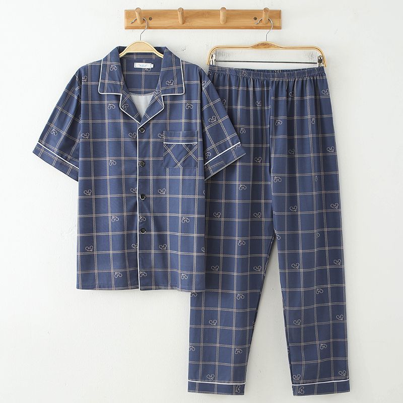 Pijamas de algodón de los hombres de primavera y verano Pantalones delgados de manga corta cardigan niños pueden usar fuera más tamaño homewear de verano