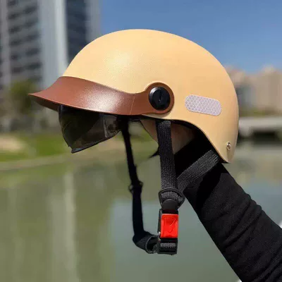 Motosiklet kaskı (dəbilqə): and women, motorcycle summer half helmet - khaki-high-definition-protective-inner-lens-sun-protection-hat-brim-3c-certified-retro-and-trendy