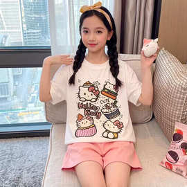女孩短袖短裤夏季家居服套装中大童儿童女童2026两件睡衣卡通薄款