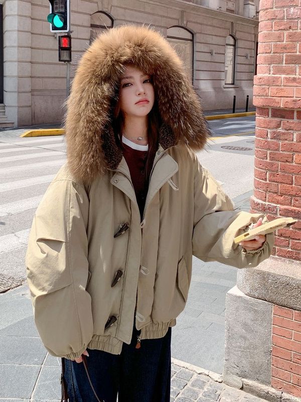 棉服女冬季牛角扣设计感大毛领加厚棉袄2025新款派克服棉衣外套|undefined