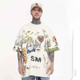 FG男装|2024春夏新款潮牌嘻哈同款手绘涂鸦高街圆领做旧短袖T恤男