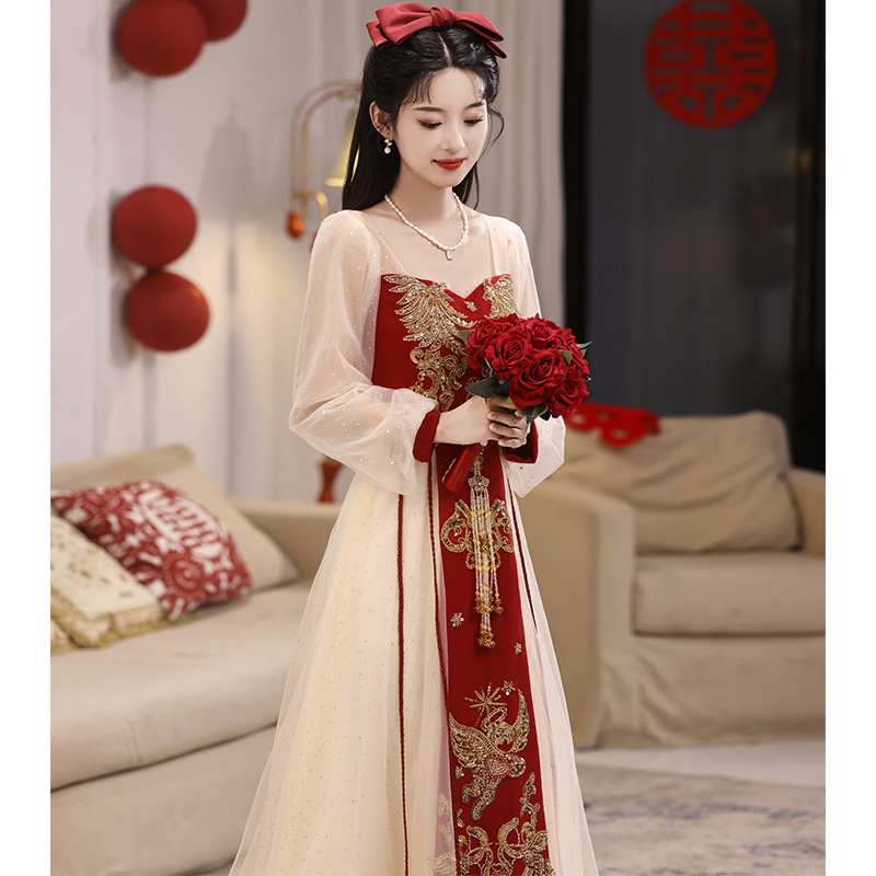新中国式敬酒服花嫁2025新型高級感ネット糸婚約ドレスワンピース長袖赤色回門|undefined