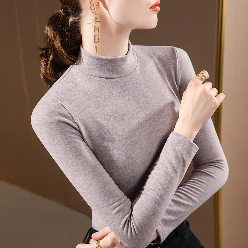 Camisa de fondo de terciopelo de seda de cuello medio alto para mujer 2024 otoño e invierno nuevo estilo de manga larga caliente y camisa ajustada