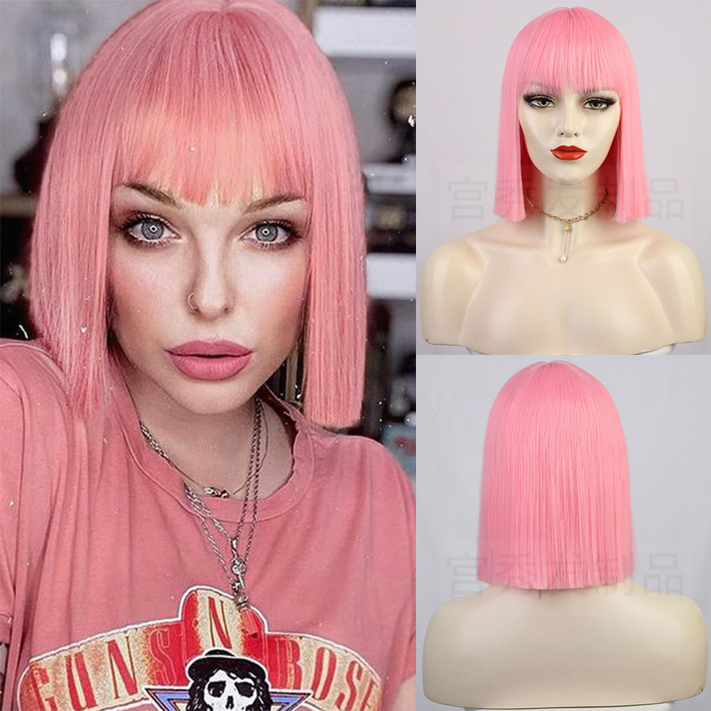 假发 欧美女款齐刘海装扮cos假发化纤波波头粉色外贸头套pink wig