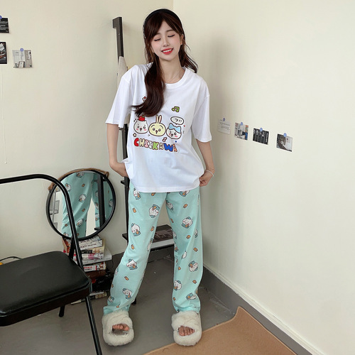 Women's Summer 2024 New Gi Yee Pajama Set with Pure Cotton, Round Neck, Short Sleeve, Long Pants, Casual, Cute Cartoon Design, Wearable Outside