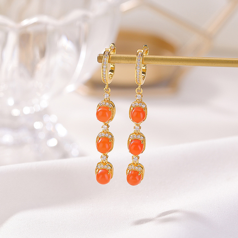 Khuyên tai hoop bạc S925 mạ vàng đỏ đính đá onyx hình học vintage — Cặp đôi