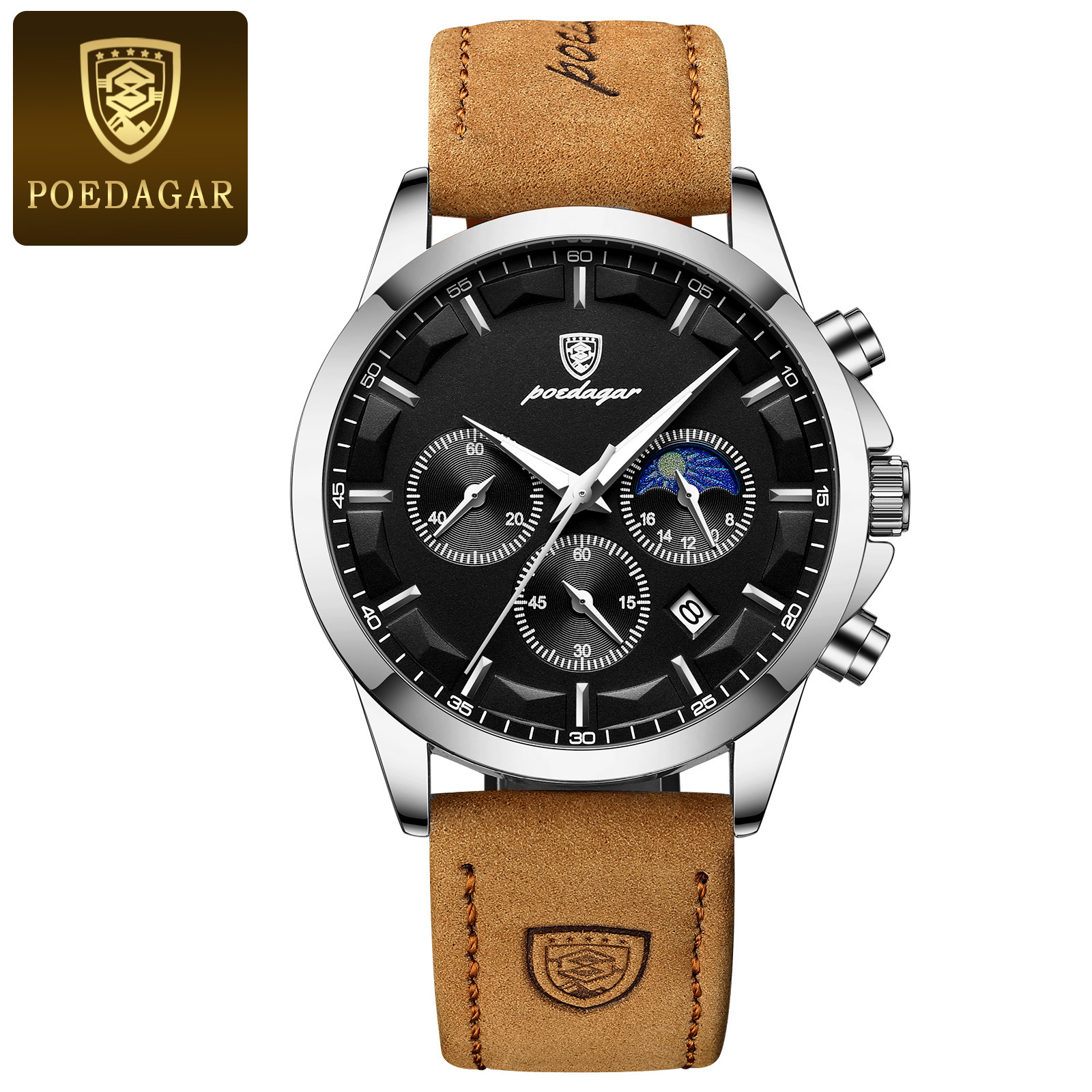 POEDAGAR multifuncional nuevo reloj de hombre moda seis agujas cronógrafo reloj de pulsera de cuarzo correa relojes casuales P928 image 10