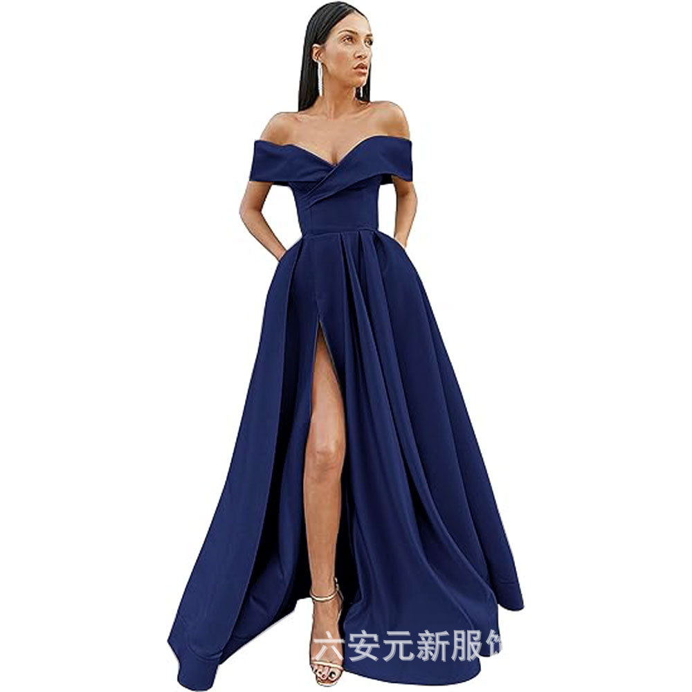 Amazon Comercio exterior fuera del hombro prom vestido de noche largo split sexy Fiesta de las mujeres vestido de banquete