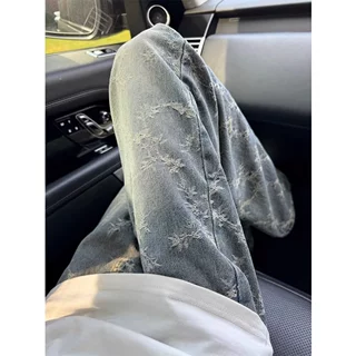 美式复古荆棘刺绣牛仔裤男设计感直筒提花裤子美式高街水洗休闲裤