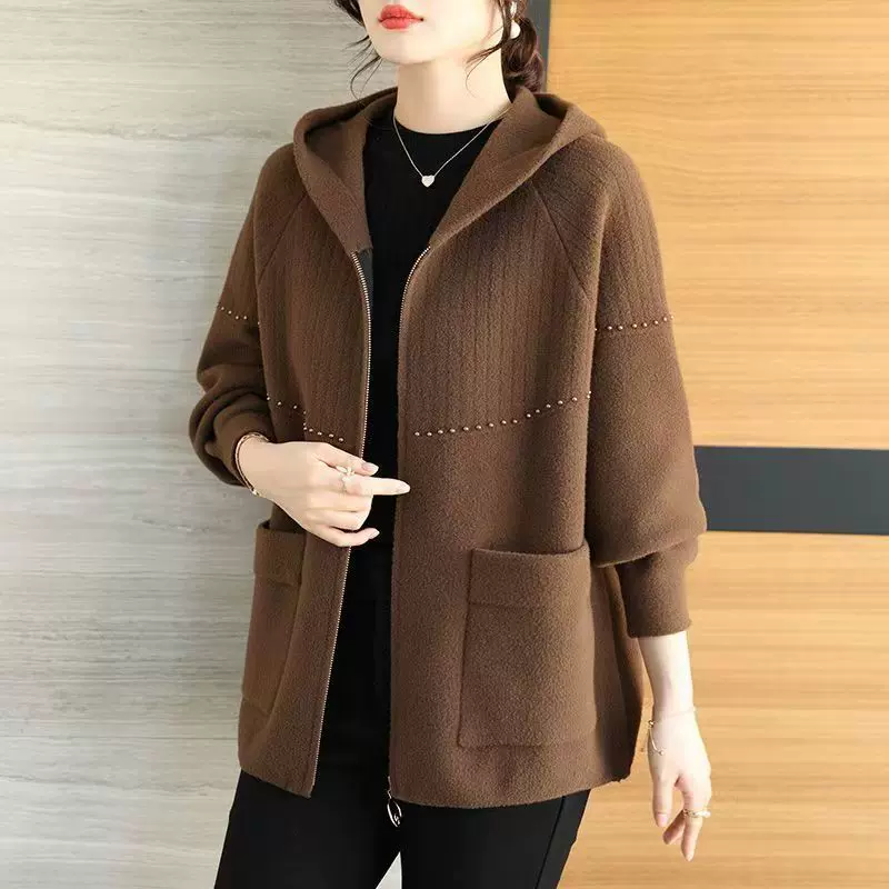 高端连帽毛呢外套女装穿搭大码秋冬新款宽松大码外贸上衣羊毛大衣