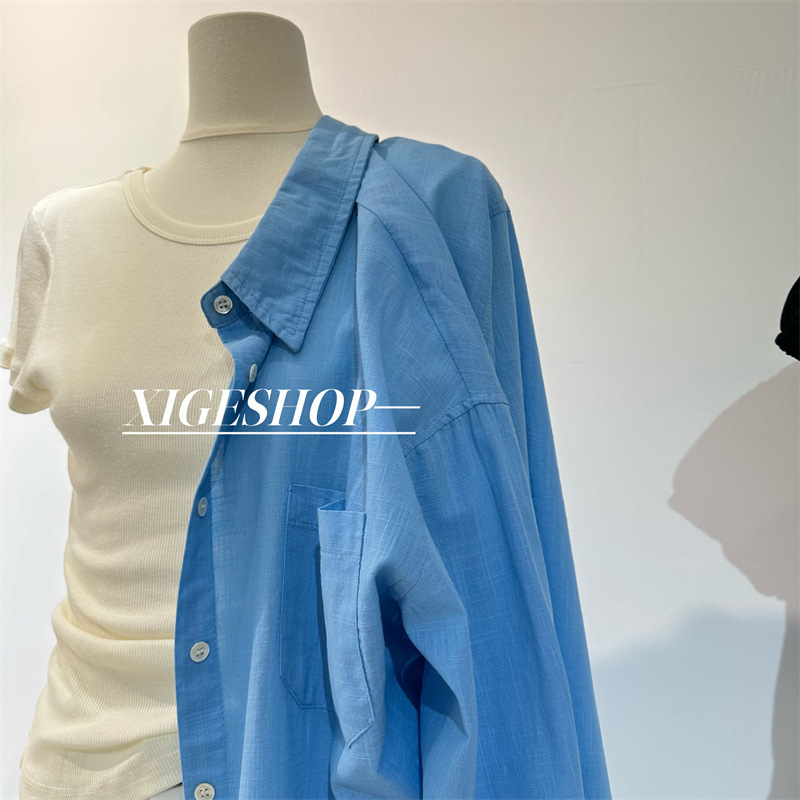 Relaxation linen shirt women's summer thin sunscreen cardigan coat high-grade blue cotton linen shirt spring and summer
