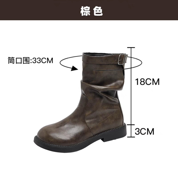葡萄妈studiolee 韩系圆头褶皱绒面粗跟厚底堆堆低帮短筒靴女秋|undefined