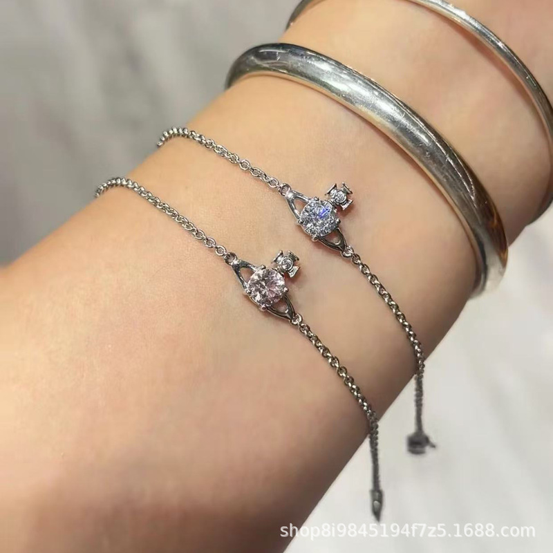 Western Queen Mother Vivian Classic silver Four-Claw Zircon Flash Bracelet Saturn Bracelet Delicate Bracelet