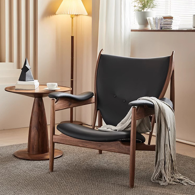 輕奢北美胡桃木真皮酋長椅侘寂風沙發椅復古休閒陽台單人休閒椅
