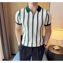 半拉链撞色条纹短袖衫男夏季潮流轻熟雅痞修身翻领半袖体恤衫