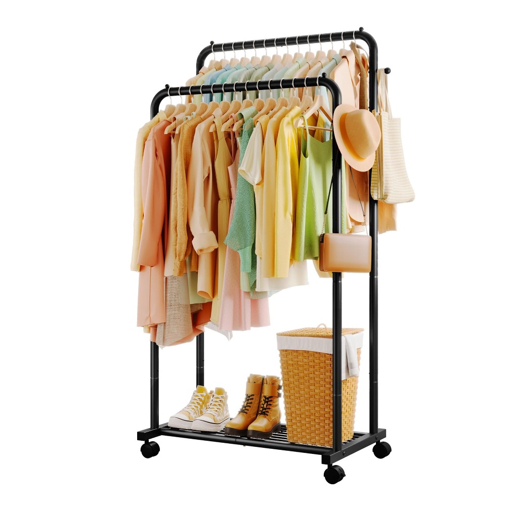 Double-Rod Clothes Rack Balcony Drying Rack Household Simple with Pulleys Bedroom Storage Easy-To-Use Clothes Rack Pulleys Movable