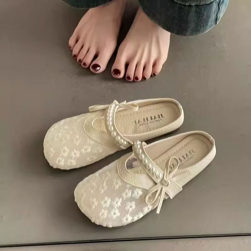 Half-Pack Slippers for Women, Summer Flat Linen Sandals, Vintage Style, Artistic Retro Sandals, Mesh Closed-Toe Outdoor Women's Shoes