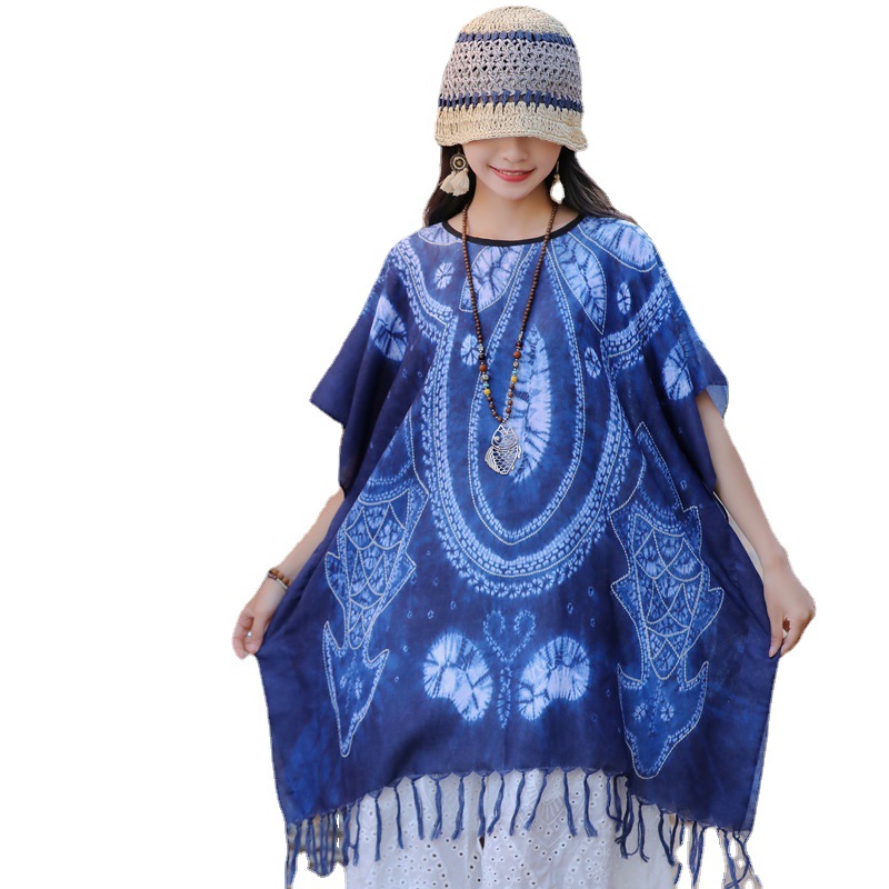 Primavera y otoño estilo étnico teñido a mano borla de algodón y lino sensación bufanda de seda Yunnan viaje chal exterior suelto Cabo