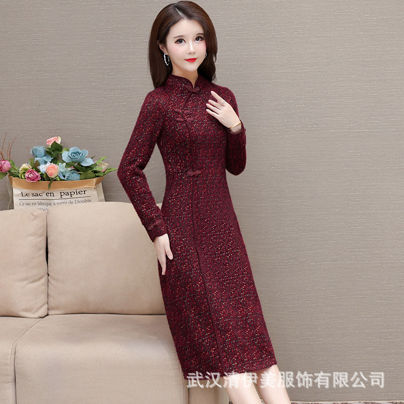 빈티지 치파오 원피스 두꺼운 여성 모조 레오파드 벨벳 따뜻한 중간 길이 원피스 가을과 겨울 새로운 A 라인 스커트