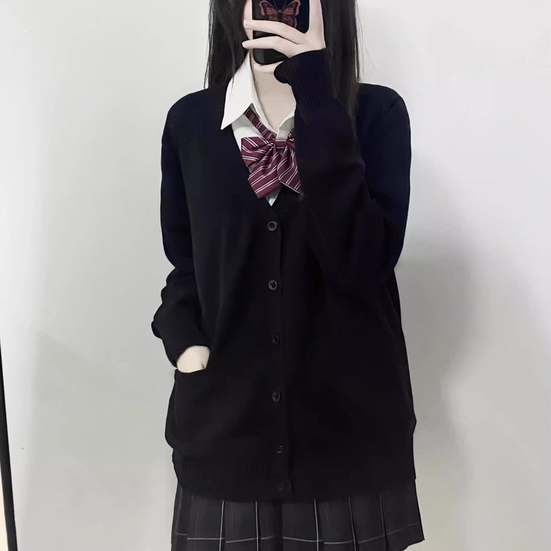 新しい日本のカレッジスタイルの春と秋のJKセーターゆるい純粋なマルチカラーのVネックニットカーディガン長袖ジャケット女性用|undefined