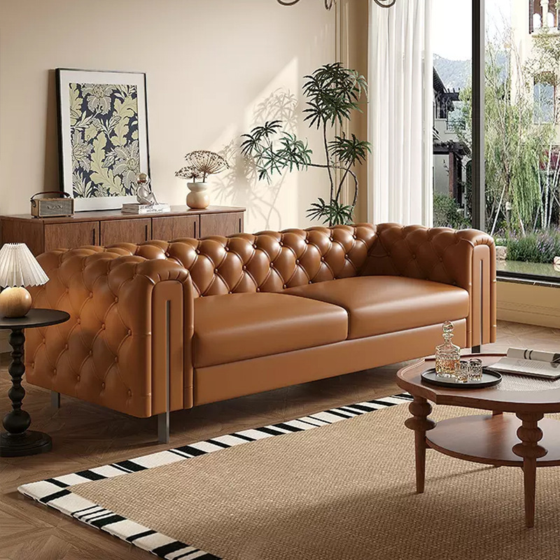 French Retro Living Room Caramel Color Top Layer Oil Wax Leather Sofa Straight Row Medieval Cream Style Classic Pull Button Sofa