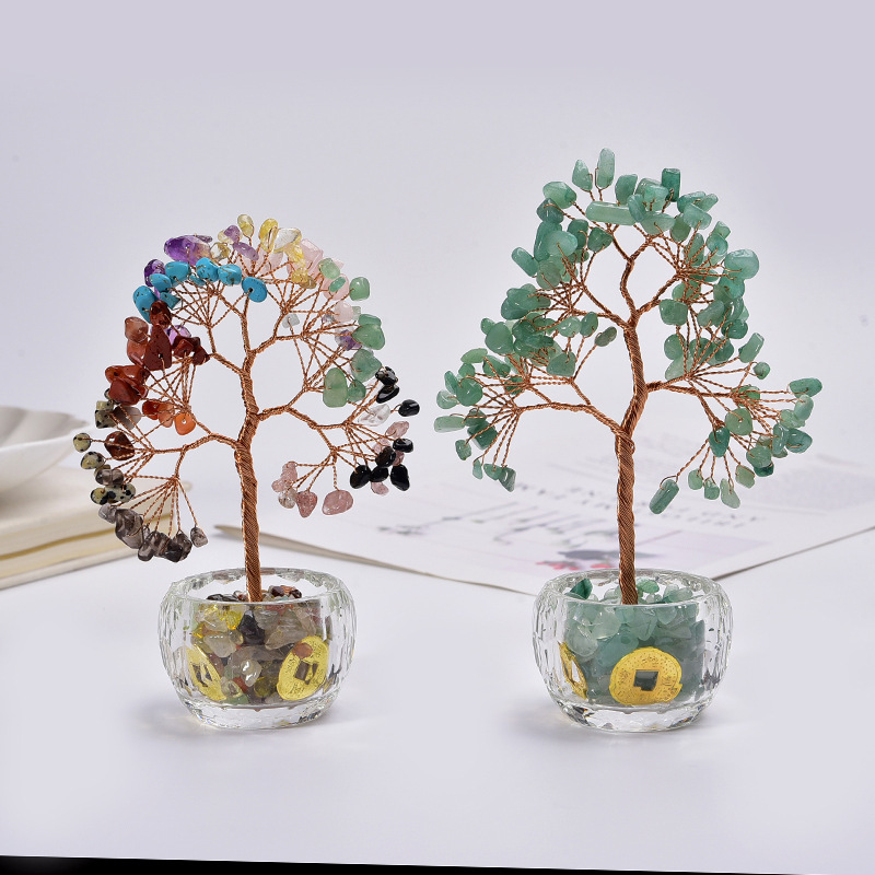 Natural Crystal Fortune Tree with Crystal Chips, Money Tree with Alloy Coins, Diamond Bowl Base, Crystal Tree Desktop Ornament