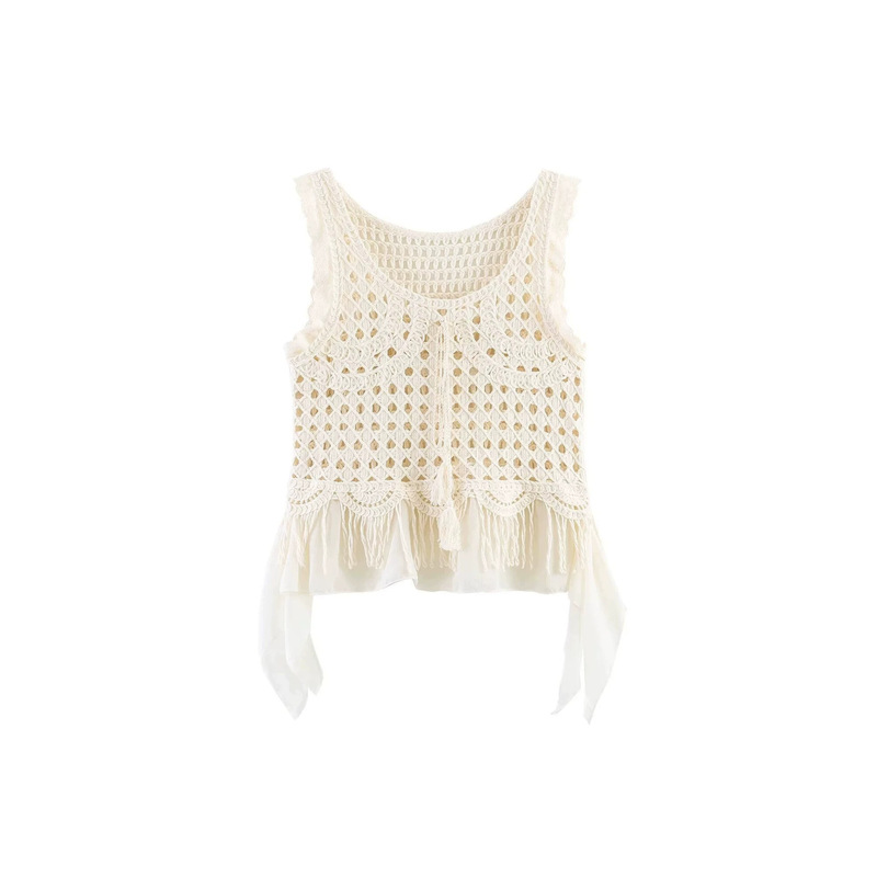 Pb&Za European-Style Heavy-Duty Hollow-Out Lace Patchwork Knit Vest for Women, New Spring/Summer Sleeveless Layered Top