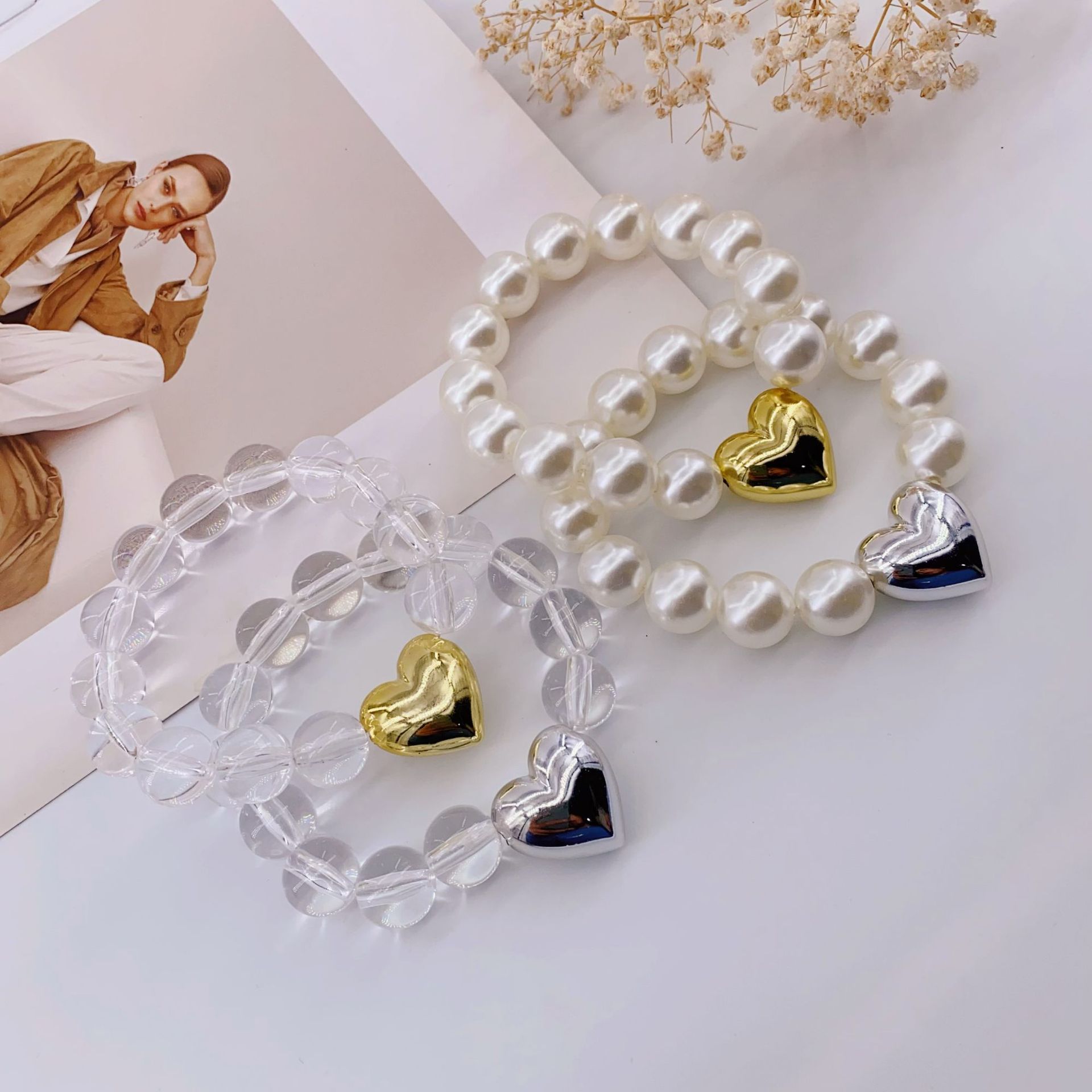 Beaded Chain Chain Type 1 Piece Quantity Daily, Date Occasion Imitation Pearl, Plastic Material Elegant Heart Shape Imitation Pearl Plastic Beaded Chain Stretch Adjustable Beaded Bracelets Wholesale