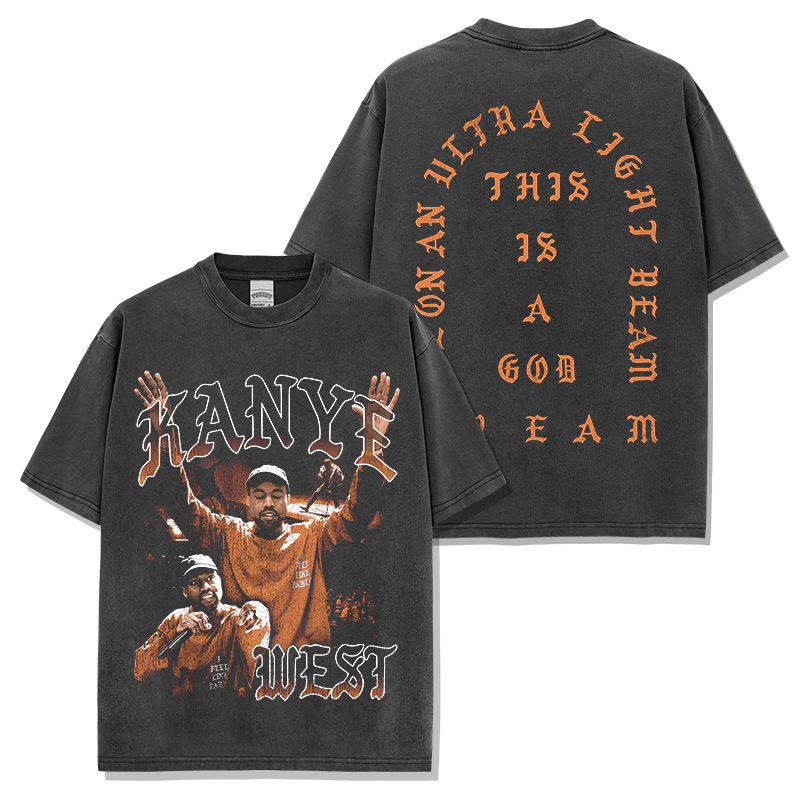 Cross-Border American Hip-Hop Style Kanye West Double-Sided Printed Heavy Wash Loose Trendy T-Shirt Versatile Top
