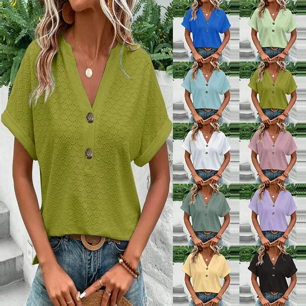 2025 Spring/Summer European and American Cross-Border Amazon Independent Station Women's Casual Solid Color Button V-Neck T-Shirt Sweet Short-Sleeved Top