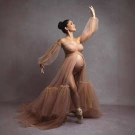 跨境外贸亚马逊长款网纱孕妇裙灯笼袖荷叶边小拖尾A字裙薄纱长袍