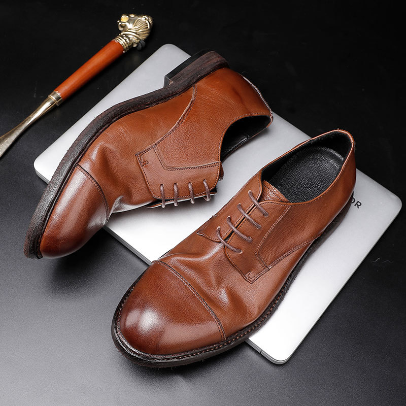 Leather outsole washed retro formal spring and autumn men low top lace-up classic shoes pointy Derby leather Shoes men shoe fashion_voghion.com