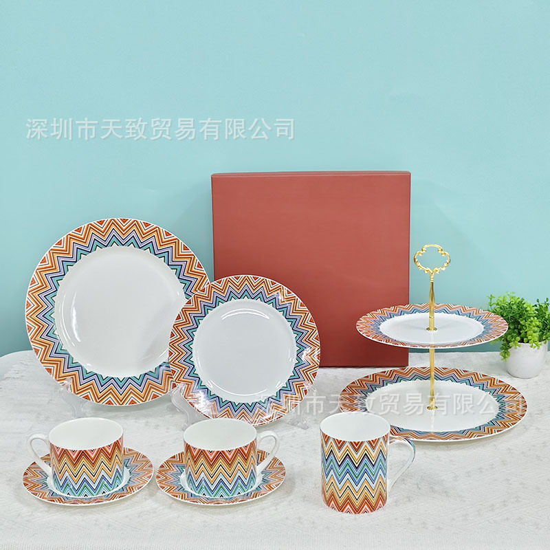 Luxury colorful wavy bone china coffee cup and saucer, double-layer dessert stand, steak plate set, business gift and souvenir Luxury colorful wavy bone china coffee cup and saucer, double-layer dessert stand, steak plate set, business gift and souvenir