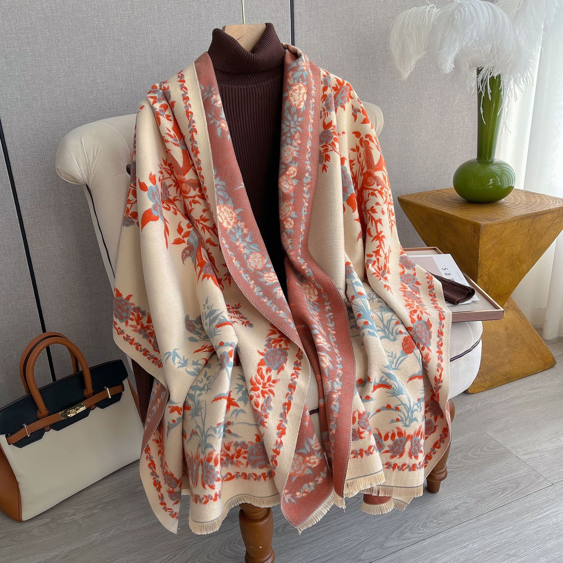 2023 nueva moda corta barba borla decorativa bufanda caliente extendida Cachemira como aire acondicionado bufanda chal para mujeres