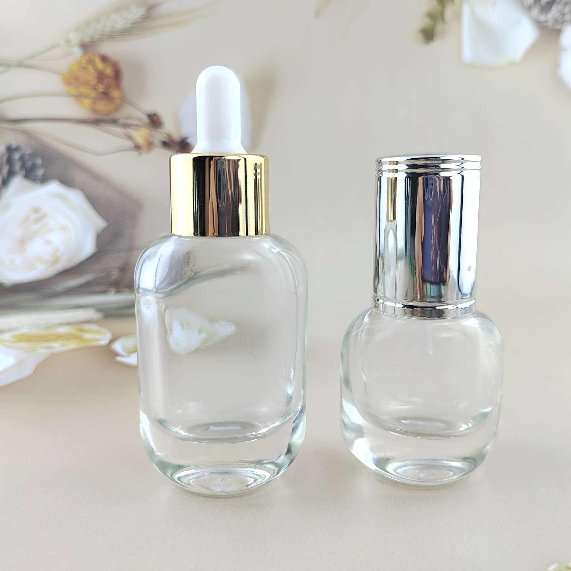 现货玻璃空瓶分装瓶15/30ml无肩套扁瓶 大牌同款 精华液乳液瓶泵