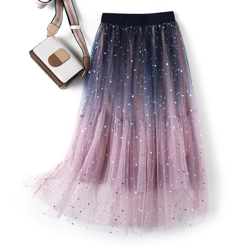 New Style Gradient Color Fashion High-end Mid-length Color-matching Star Sequins Stylish Waist Mesh Starry Sky Skirt for Women