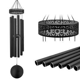 欧美商超同款磨砂黑48寸雕刻金属顶盖花园户外音乐大风铃挂饰