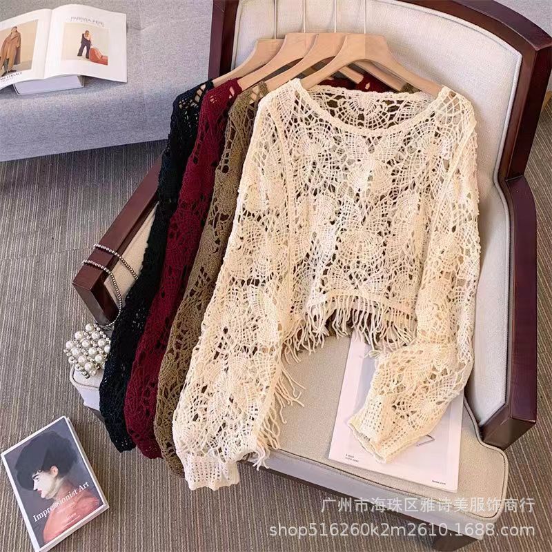 Hollow Short Sweater Wool Knitted Design Pure Color 2025 Autum Short Sweater Air-Conditioned Tassel Jacket Top for Women