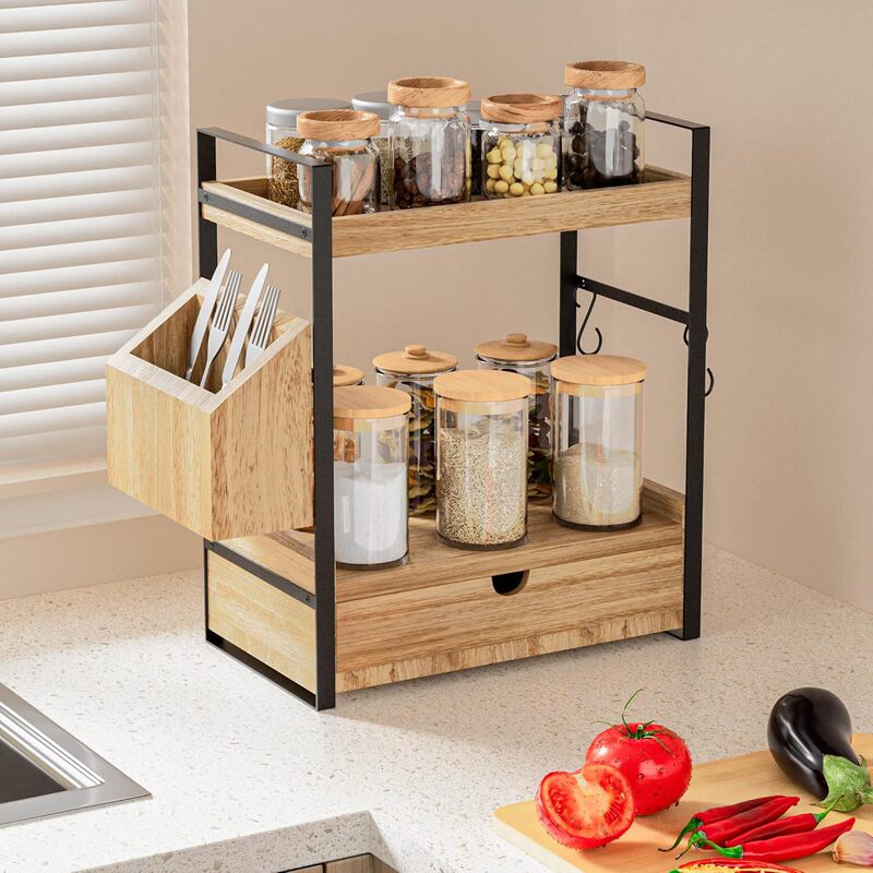 Solid Wood Double-Layer Bathroom Counter Storage Box with Drawer Basket, Wooden Countertop Storage Rack, Bathroom Counter Organizer
